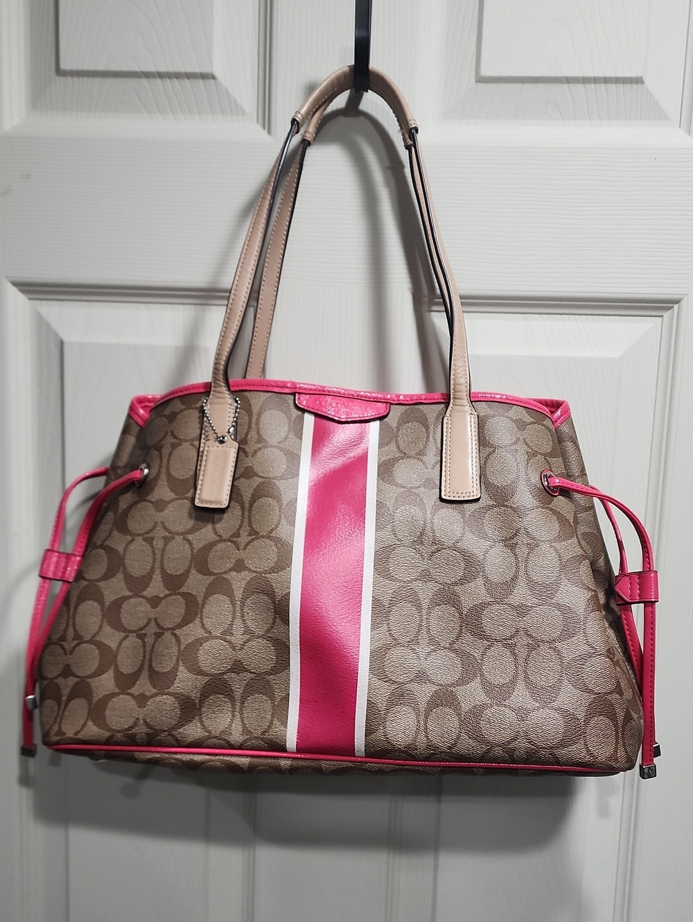 Coach Brown Signature Tote with Pink Center Stripe